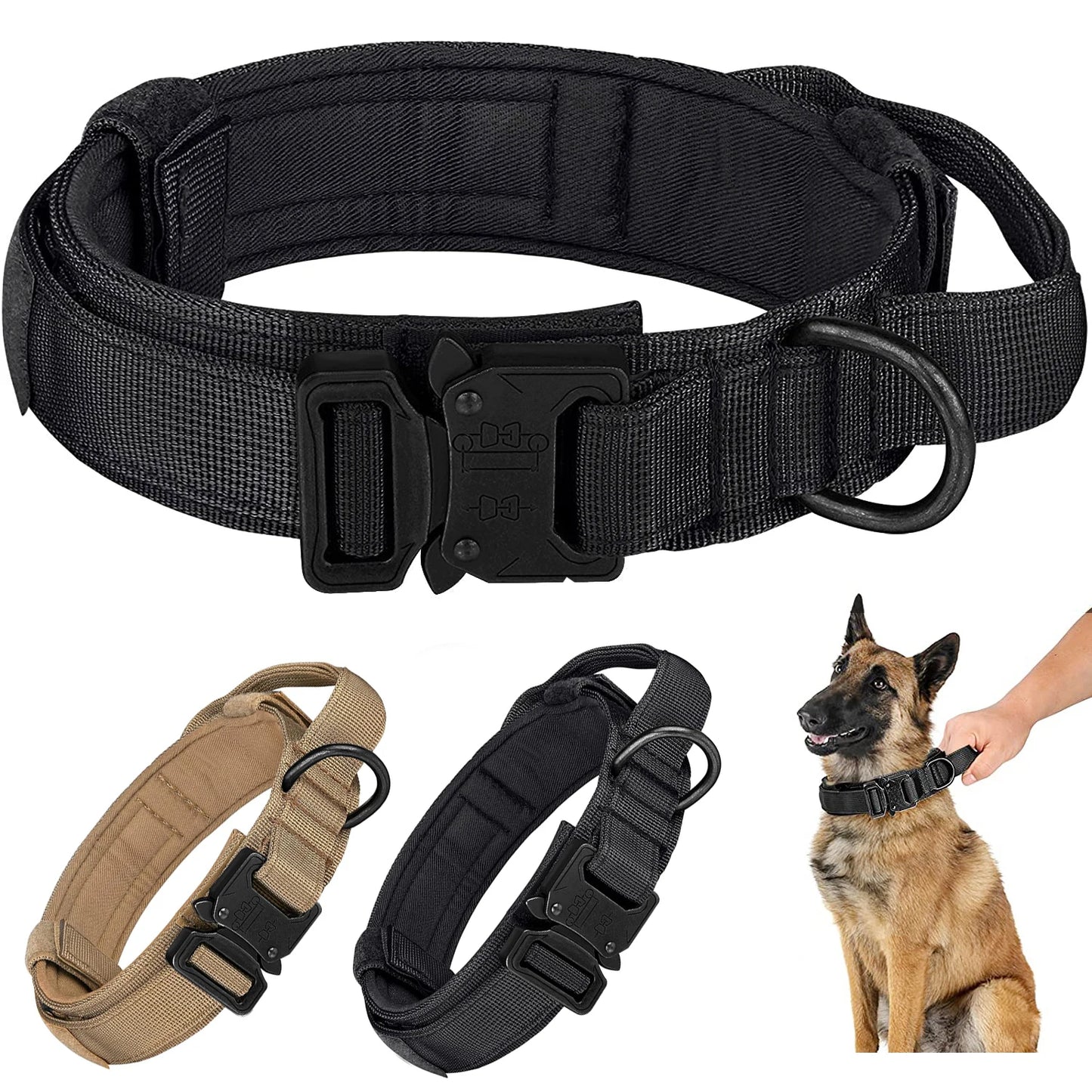 Taktisches Hundehalsband, verstellbares Militär-Trainings-Hundehalsband aus Nylon mit Kontrollgriff und schwerer Metallschnalle für mittlere und große Hunde